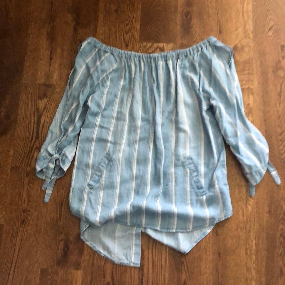 Blue and white striped off the shoulder top